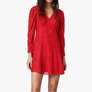 All Saints Rosi Ani Red puff sleeve dress v neck lace size S